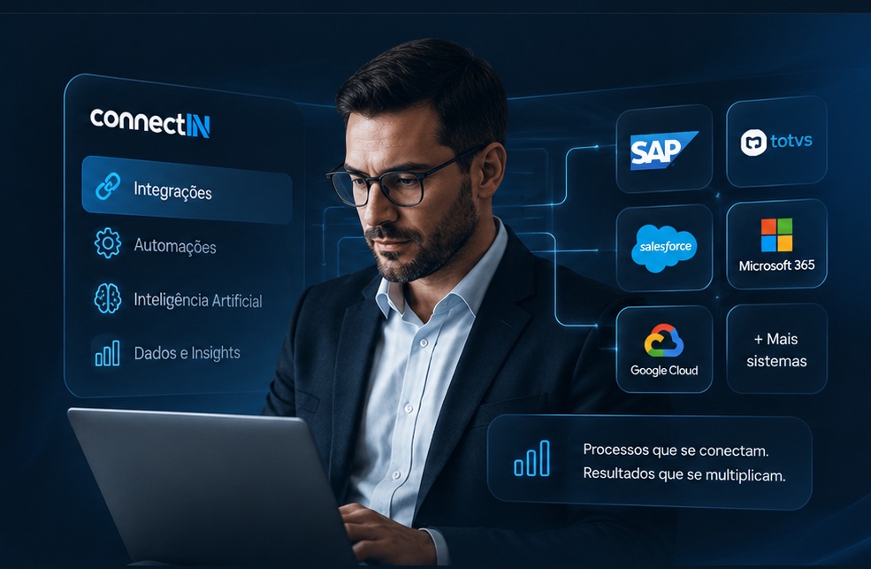 Profissional utilizando tecnologia com integrações corporativas